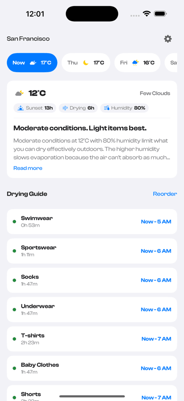 Washcast. Weather-aware iOS app. Turns the forecast into one drying verdict. App and marketing site, built end to end.