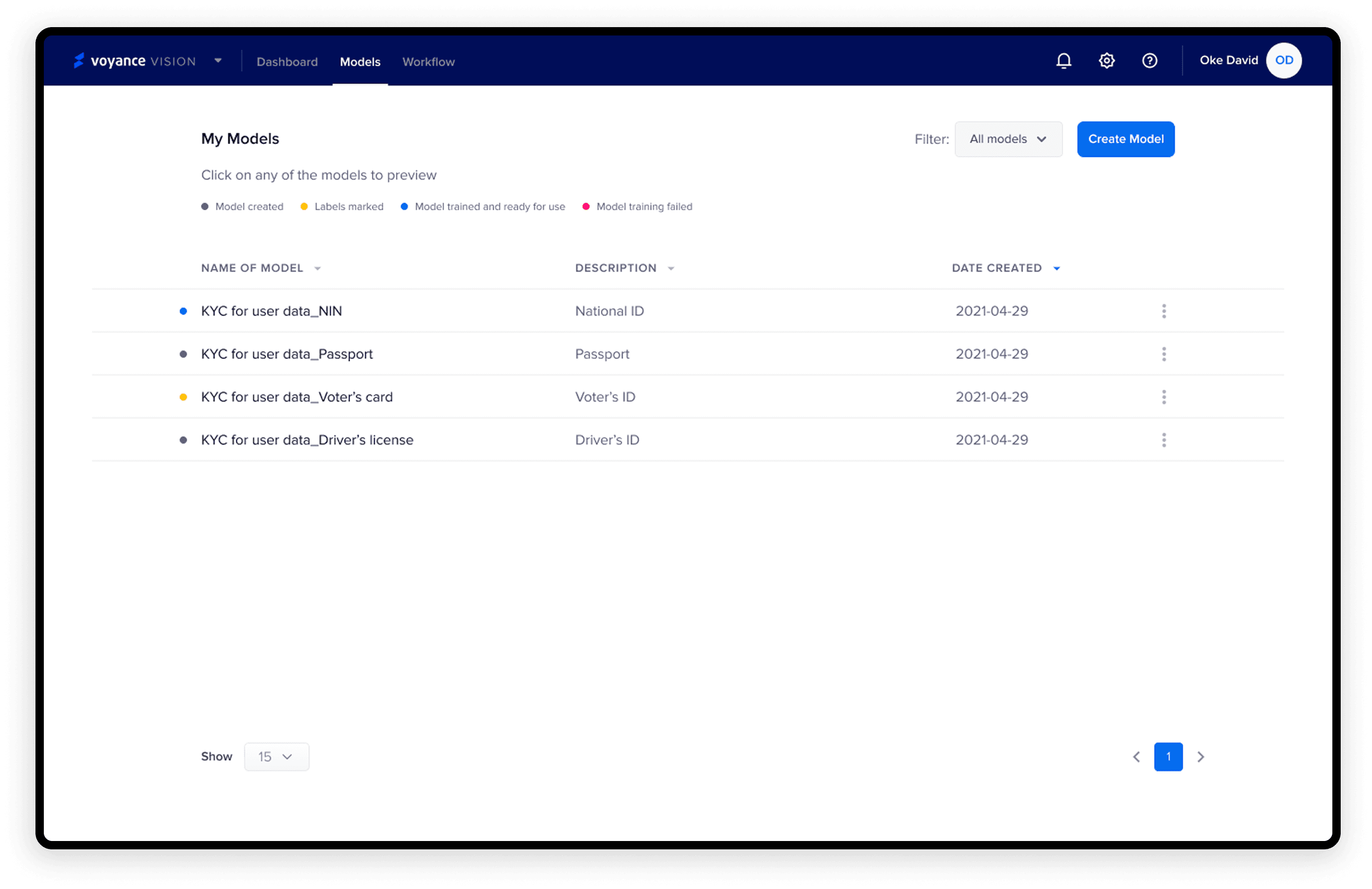 Voyance Vision AI models interface