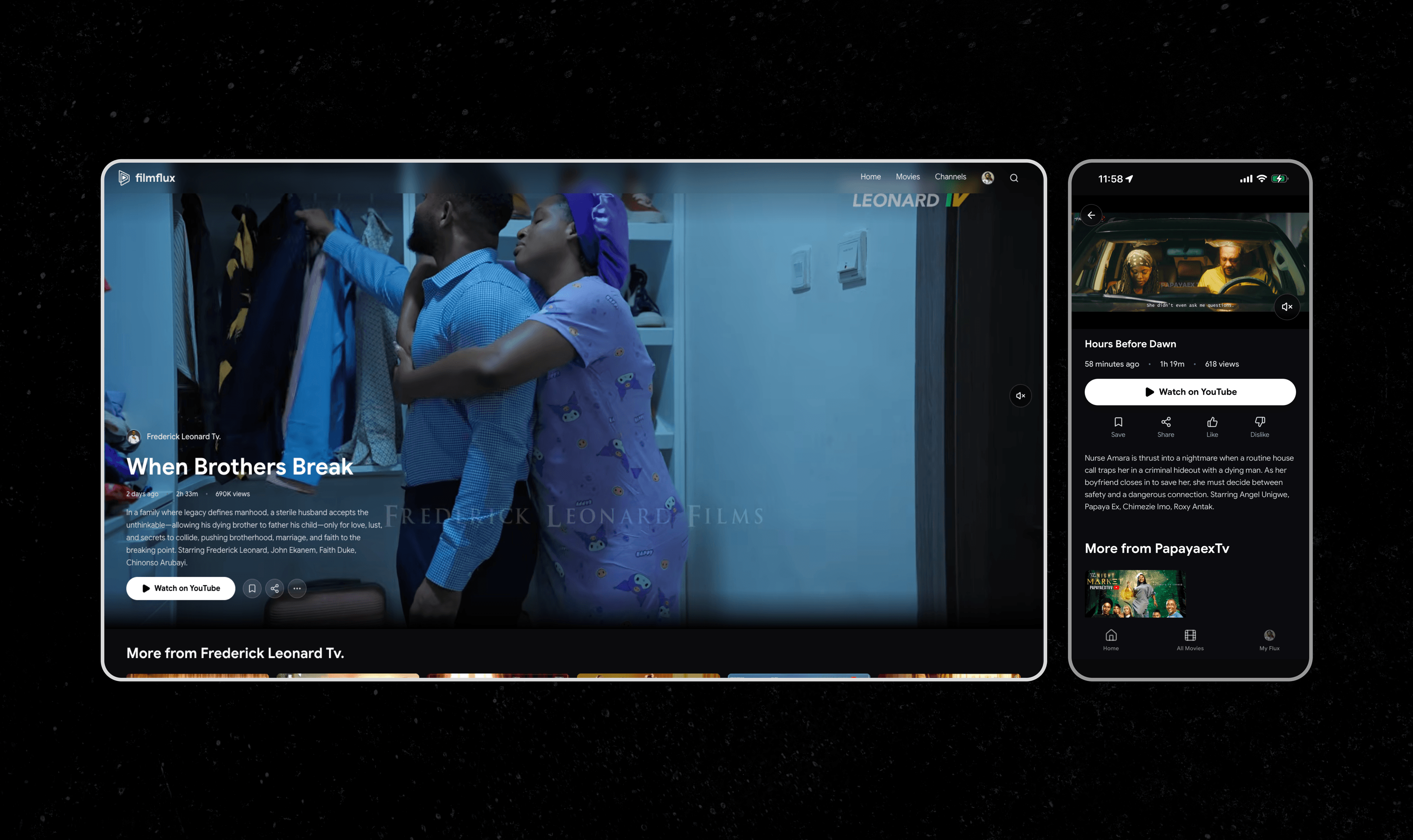 FilmFlux interface showing watch on YouTube integration