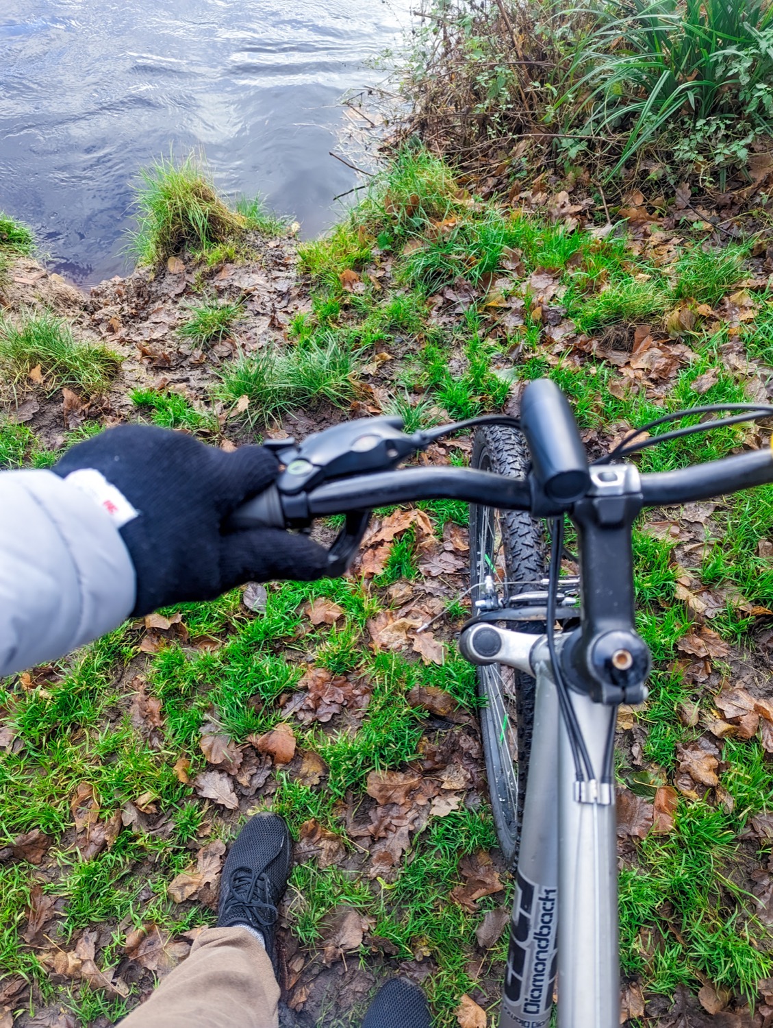 Point-of-view of a bike on a muddy riverbank path, leaves on the ground
