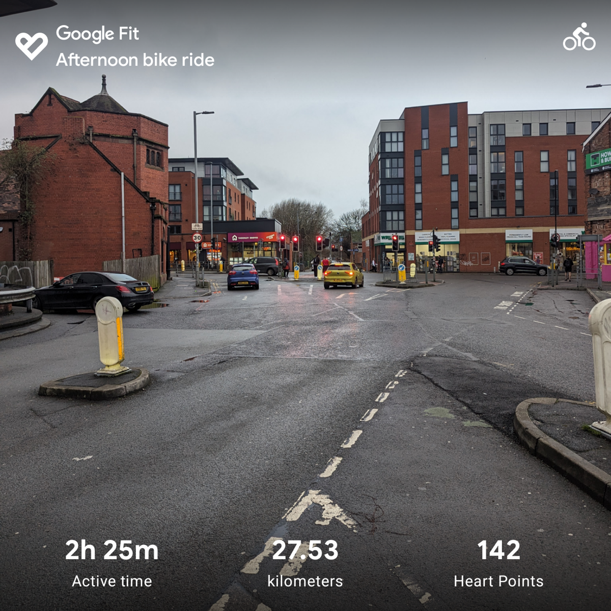 Google Fit summary of an afternoon bike ride: 2 hours 25 minutes and 27.53 kilometres