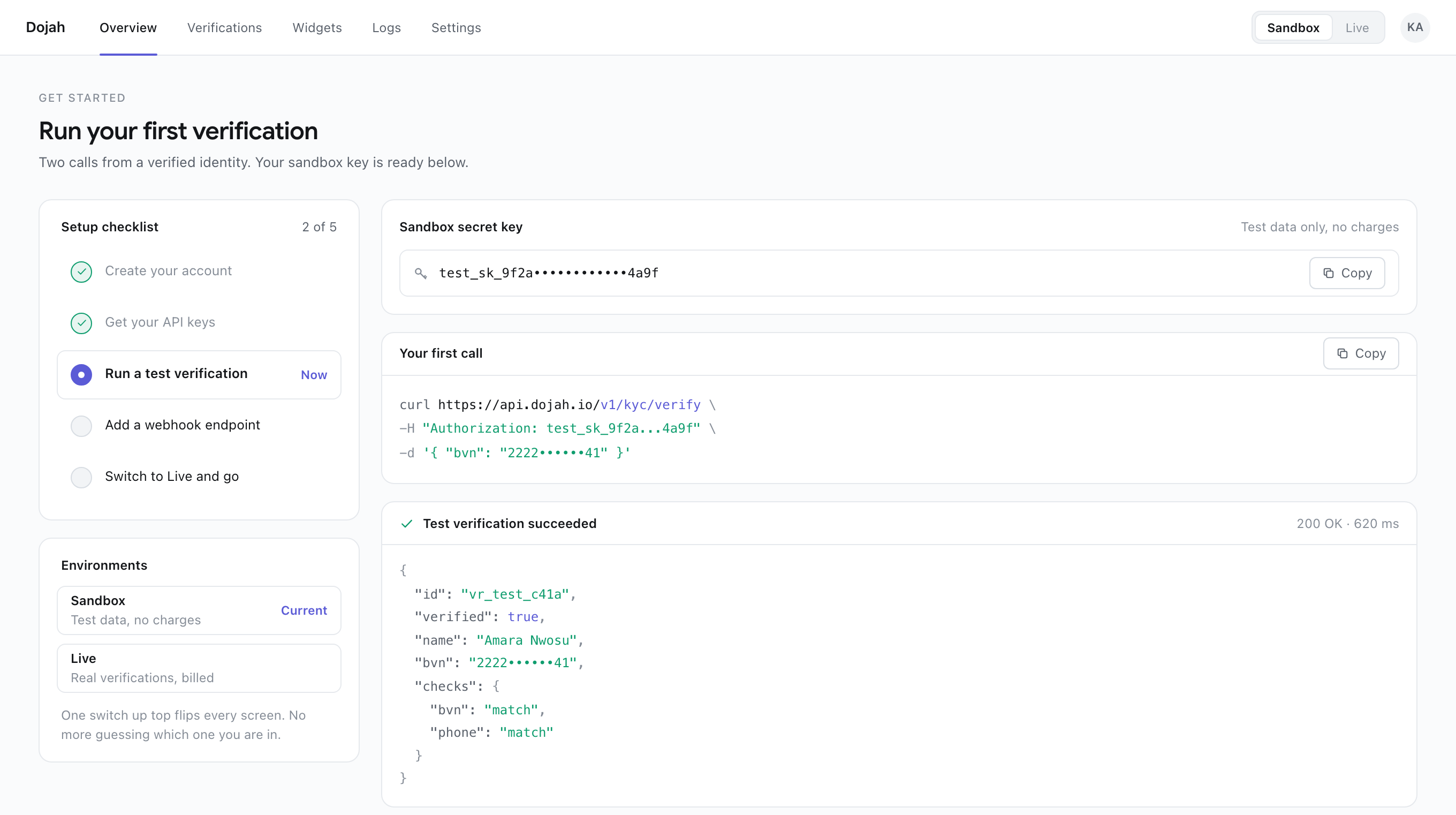 A developer get-started screen with a setup checklist, sandbox API key, a first API call, and a Sandbox and Live switch