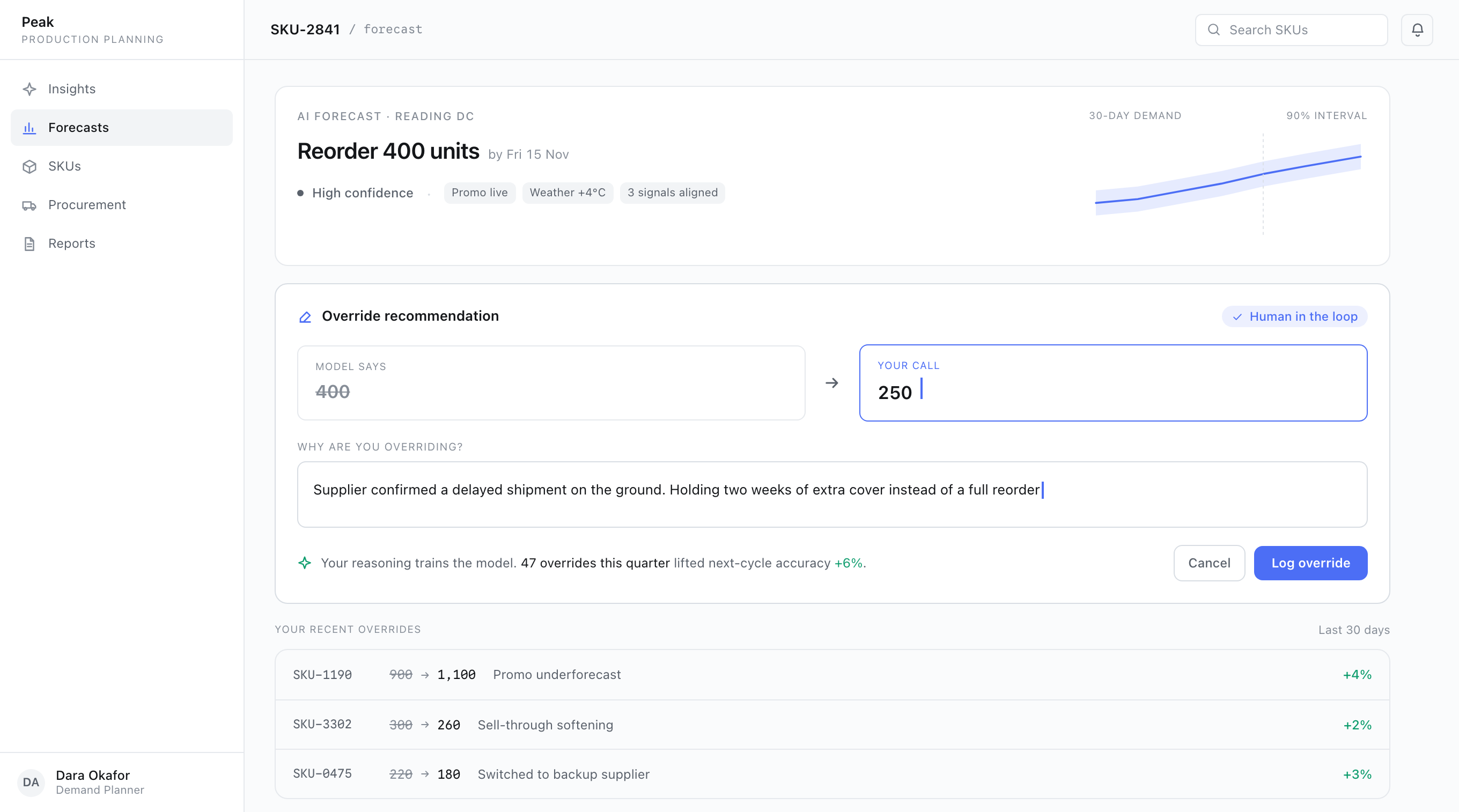 A planner overriding an AI recommendation and logging the reason, which feeds the model